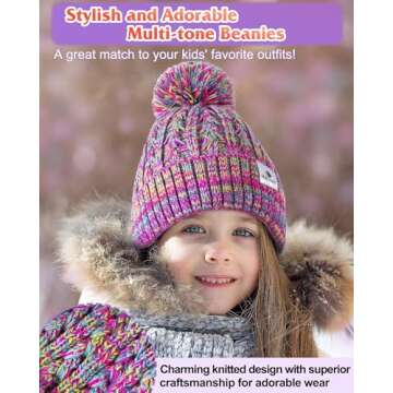 HAITHO Kids Toddler Winter Hat with Pom Pom, 2 Size Kids Toddler Teen Beanie Hats for Girls Boys, Cute Warm Fleece Lined Knit Beanies Cap for Age 2-12 Years-01