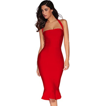 Womens Halter Fishtail Bandage Party Dress Elegant Wedding Guest Dress(Red,XS)