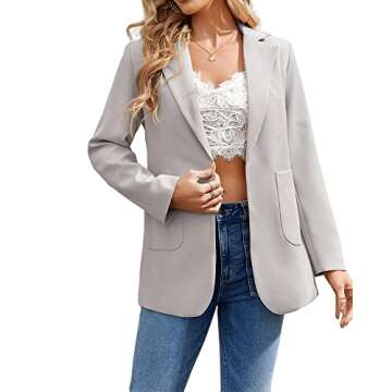 Cnkwei Womens Casual Blazers Open Front Long Sleeve Lapel Collar Work Office Jacket Grey