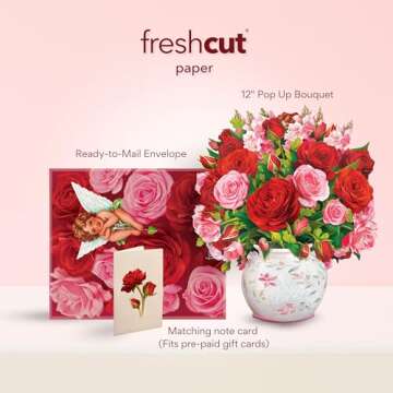 Freshcut Paper Pop Up Cards, Blooming Roses, 12 Inch Life Sized Forever Flower Bouquet 3D Popup Gree...