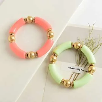 LALAPPLE Gold Plated Beaded Acrylic Bamboo Tube Bangle Bracelets for Women, Colorful Chunky Curved T...