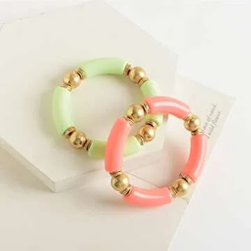 LALAPPLE Gold Plated Beaded Acrylic Bamboo Tube Bangle Bracelets for Women, Colorful Chunky Curved Tube With Gold Pieces Beads Stretch Bracelet Friendship Summer Beach Jewelry (V-Green&Pink 2pcs)