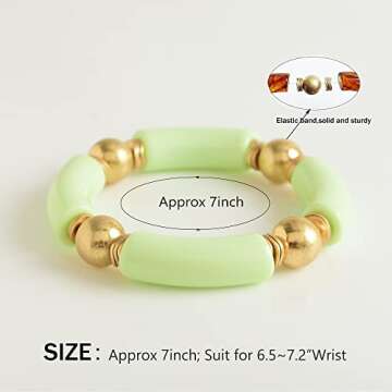 LALAPPLE Gold Plated Beaded Acrylic Bamboo Tube Bangle Bracelets for Women, Colorful Chunky Curved Tube With Gold Pieces Beads Stretch Bracelet Friendship Summer Beach Jewelry (V-Green&Pink 2pcs)
