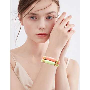 LALAPPLE Gold Plated Beaded Acrylic Bamboo Tube Bangle Bracelets for Women, Colorful Chunky Curved Tube With Gold Pieces Beads Stretch Bracelet Friendship Summer Beach Jewelry (V-Green&Pink 2pcs)
