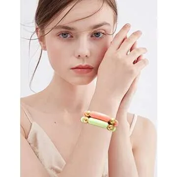 LALAPPLE Gold Plated Beaded Acrylic Bamboo Tube Bangle Bracelets for Women, Colorful Chunky Curved Tube With Gold Pieces Beads Stretch Bracelet Friendship Summer Beach Jewelry (V-Green&Pink 2pcs)