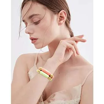 LALAPPLE Gold Plated Beaded Acrylic Bamboo Tube Bangle Bracelets for Women, Colorful Chunky Curved Tube With Gold Pieces Beads Stretch Bracelet Friendship Summer Beach Jewelry (V-Green&Pink 2pcs)