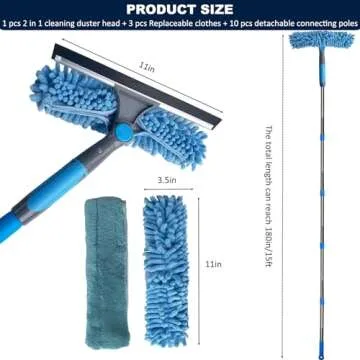 20+ Feet Reach Blue 2 in 1 Window Washing Squeegee & Duster with 3-14 ft Spliceable Extension Pole /...