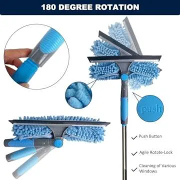 20+ Feet Reach Blue 2 in 1 Window Washing Squeegee & Duster with 3-14 ft Spliceable Extension Pole // Window Cleaning Tool & Window Washer Squeegee for Home Indoor Outdoor Window Washing - 3 Pad
