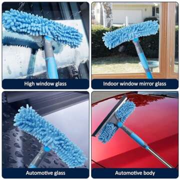 20+ Feet Reach Blue 2 in 1 Window Washing Squeegee & Duster with 3-14 ft Spliceable Extension Pole // Window Cleaning Tool & Window Washer Squeegee for Home Indoor Outdoor Window Washing - 3 Pad