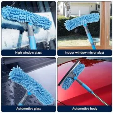 20+ Feet Reach Blue 2 in 1 Window Washing Squeegee & Duster with 3-14 ft Spliceable Extension Pole // Window Cleaning Tool & Window Washer Squeegee for Home Indoor Outdoor Window Washing - 3 Pad