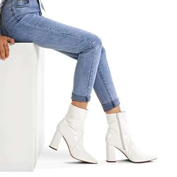 mysoft Women's GoGo Boots Mid Calf Block Heel Ankle Boots Pointed Toe Patent Leather Side Zipper Booties