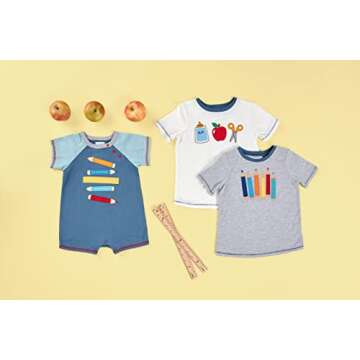 Mud Pie Back to School Pencil and Ruler Baby Boy Shortall, Blue, 3-6 Months