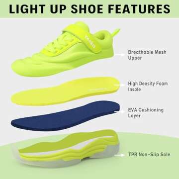 YESKIS Kids Shoes Boys Light Up Shoes with Switch Fizzzy LED Running Tennis Sneakers for Big Kid Lime 4
