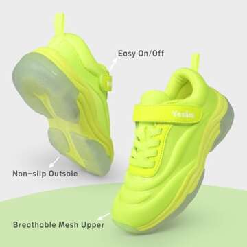 YESKIS Kids Shoes Boys Light Up Shoes with Switch Fizzzy LED Running Tennis Sneakers for Big Kid Lime 4