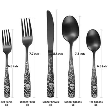 OIULO Pattern Matte Silverware Set for 8,40 Piece Gothic Black Flatware set,Skeleton Flower Bat Unique Pattern Design,Skull Knive Fork Spoon Spooky Season Utensils Cutlery,Halloween Party Event Tab