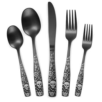 OIULO Pattern Matte Silverware Set for 8,40 Piece Gothic Black Flatware set,Skeleton Flower Bat Unique Pattern Design,Skull Knive Fork Spoon Spooky Season Utensils Cutlery,Halloween Party Event Tab
