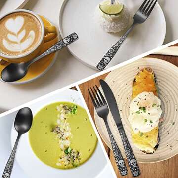 OIULO Pattern Matte Silverware Set for 8,40 Piece Gothic Black Flatware set,Skeleton Flower Bat Unique Pattern Design,Skull Knive Fork Spoon Spooky Season Utensils Cutlery,Halloween Party Event Tab