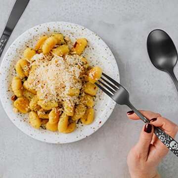 OIULO Pattern Matte Silverware Set for 8,40 Piece Gothic Black Flatware set,Skeleton Flower Bat Unique Pattern Design,Skull Knive Fork Spoon Spooky Season Utensils Cutlery,Halloween Party Event Tab