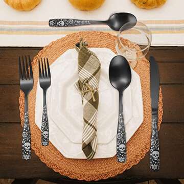 OIULO Pattern Matte Silverware Set for 8,40 Piece Gothic Black Flatware set,Skeleton Flower Bat Unique Pattern Design,Skull Knive Fork Spoon Spooky Season Utensils Cutlery,Halloween Party Event Tab