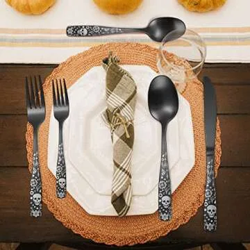 OIULO Pattern Matte Silverware Set for 8,40 Piece Gothic Black Flatware set,Skeleton Flower Bat Unique Pattern Design,Skull Knive Fork Spoon Spooky Season Utensils Cutlery,Halloween Party Event Tab
