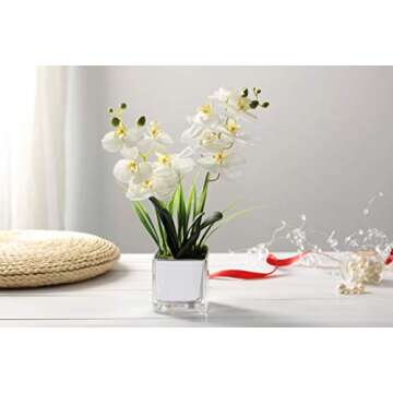 Hugo Décor Artificial Orchid – 14 Inch Fake Orchid for Home Décor – White Artificial Orchid Flowers – Highly Realistic Flower Arrangement – No Watering – Perfect Decorative Plant for Table, Home