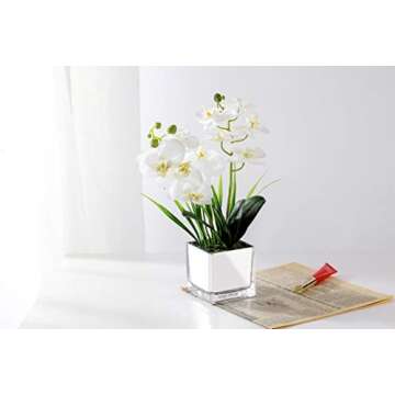 Hugo Décor Artificial Orchid – 14 Inch Fake Orchid for Home Décor – White Artificial Orchid Flowers – Highly Realistic Flower Arrangement – No Watering – Perfect Decorative Plant for Table, Home