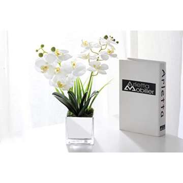 Hugo Décor Artificial Orchid – 14 Inch Fake Orchid for Home Décor – White Artificial Orchid Flowers – Highly Realistic Flower Arrangement – No Watering – Perfect Decorative Plant for Table, Home