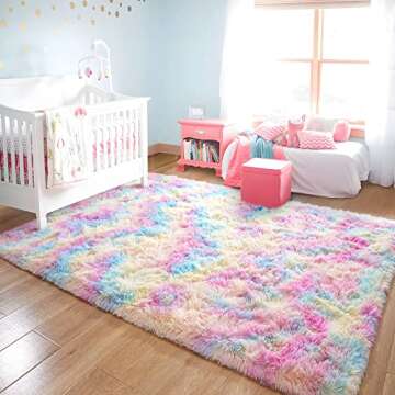 junovo Soft Rainbow Area Rugs for Girls Room, Fluffy Colorful Rugs Cute Floor Carpets Shaggy Playing Mat for Kids Baby Girls Bedroom Nursery Home Decor, 3ft x 5ft Tie-Dyed Rainbow