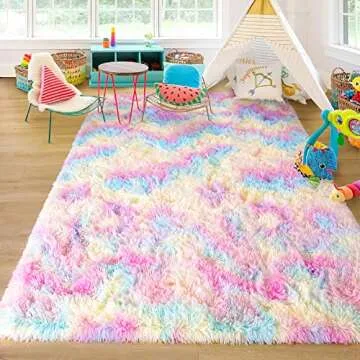 junovo Soft Rainbow Area Rugs for Girls Room, Fluffy Colorful Rugs Cute Floor Carpets Shaggy Playing Mat for Kids Baby Girls Bedroom Nursery Home Decor, 3ft x 5ft Tie-Dyed Rainbow