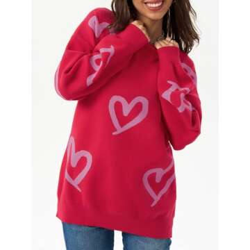 Saodimallsu Womens Oversized Heart Sweater Crew Neck Long Sleeve Knit Cute Valentines Pullover Sweaters Red Purple
