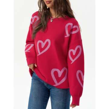 Saodimallsu Womens Oversized Heart Sweater Crew Neck Long Sleeve Knit Cute Valentines Pullover Sweaters Red Purple