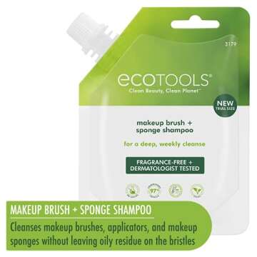 EcoTools Makeup Brush and Blending Sponge Shampoo, Removes Dirt, Makeup & Impurities From Brushes & Sponges, Travel Sized, Perfect For On The Go, Hypoallergenic, 3.4 fl.oz/ 100.6 ml Sachet, 2 Count
