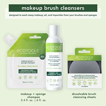 EcoTools Makeup Brush and Blending Sponge Shampoo, Removes Dirt, Makeup & Impurities From Brushes & Sponges, Travel Sized, Perfect For On The Go, Hypoallergenic, 3.4 fl.oz/ 100.6 ml Sachet, 2 Count