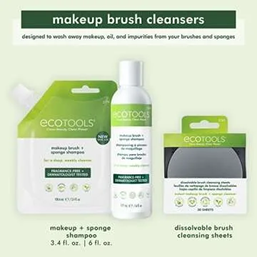 EcoTools Makeup Brush and Blending Sponge Shampoo, Removes Dirt, Makeup & Impurities From Brushes & Sponges, Travel Sized, Perfect For On The Go, Hypoallergenic, 3.4 fl.oz/ 100.6 ml Sachet, 2 Count