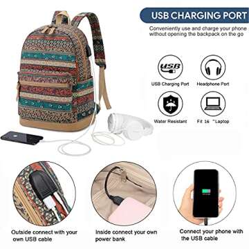 Stylish Bohemian Waterproof Laptop Backpack - USB & Headphone Port, Perfect for College & Travel