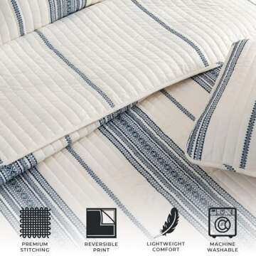 Great Bay Home King Reversible Quilt Bedding Set - All Season, Modern, Lightweight Bedspreads - White and Navy Striped Coverlets (Includes 1 Quilt, 2 Pillow Shams)
