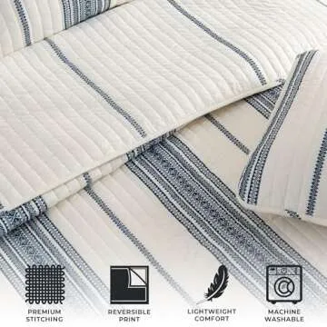 Great Bay Home King Reversible Quilt Bedding Set - All Season, Modern, Lightweight Bedspreads - White and Navy Striped Coverlets (Includes 1 Quilt, 2 Pillow Shams)