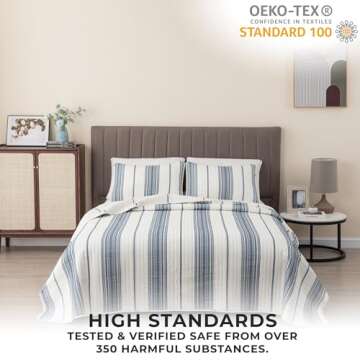 Great Bay Home King Reversible Quilt Bedding Set - All Season, Modern, Lightweight Bedspreads - White and Navy Striped Coverlets (Includes 1 Quilt, 2 Pillow Shams)