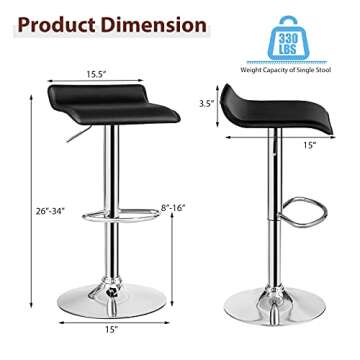 Casart Bar Stools Set of 2, Adjustable Swivel PU Leather Barstools w/Footrest, Chrome Base, Hydraulic Modern Bar Chairs for Dining Room Pub Cafe, Counter Height Bar Stools for Kitchen Island (Black)