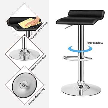 Casart Bar Stools Set of 2, Adjustable Swivel PU Leather Barstools w/Footrest, Chrome Base, Hydraulic Modern Bar Chairs for Dining Room Pub Cafe, Counter Height Bar Stools for Kitchen Island (Black)