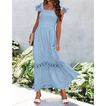 ZESICA Women's 2025 Summer Lace Strap Sleeveless Square Neck Smocked High Waist Ruffle Hollow Out Flowy A Line Maxi Dress,LightBlue,Small