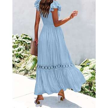 ZESICA Women's 2025 Summer Lace Strap Sleeveless Square Neck Smocked High Waist Ruffle Hollow Out Flowy A Line Maxi Dress,LightBlue,Small