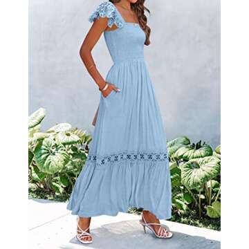 ZESICA Women's 2025 Summer Lace Strap Sleeveless Square Neck Smocked High Waist Ruffle Hollow Out Flowy A Line Maxi Dress,LightBlue,Small