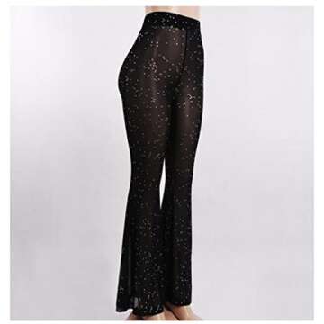 Women's Rave Sheer Mesh Sparkly Pants Bell Bottom Rave Outfit Clothes for Festival Dance Clubwear Black