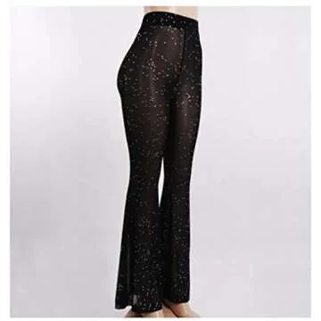 Women's Rave Sheer Mesh Sparkly Pants Bell Bottom Rave Outfit Clothes for Festival Dance Clubwear Black