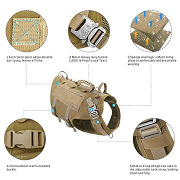 PET ARTIST Tactical Dog Harness for Hiking Training, No Pull Vest Harness for Medium Large Dogs, with Pouches and Patches Coyote Brown, L