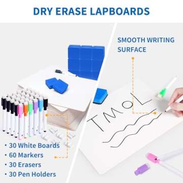 30 Piece Dry Erase Lap Boards Double-Sided for Classroom, 9 x 12 Inches Portable Whiteboard with 60 Pens, 30 Erasers and 30 Pen Holders for Students and Adults