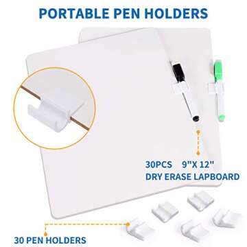 30 Piece Dry Erase Lap Boards Double-Sided for Classroom, 9 x 12 Inches Portable Whiteboard with 60 Pens, 30 Erasers and 30 Pen Holders for Students and Adults