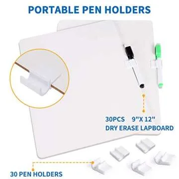 30 Piece Dry Erase Lap Boards Double-Sided for Classroom, 9 x 12 Inches Portable Whiteboard with 60 Pens, 30 Erasers and 30 Pen Holders for Students and Adults