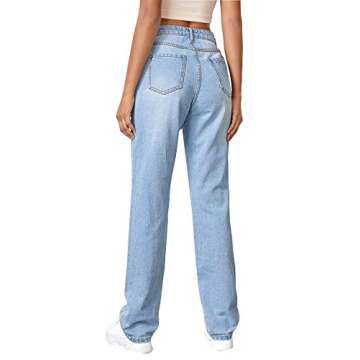 SweatyRocks Women's Ripped Straight Leg Jeans High Waist Distressed Cutout Denim Pants Light Blue M